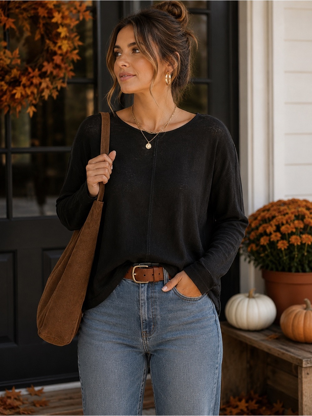 Vince 100% Linen Black Long-Sleeve Crewneck Top - S